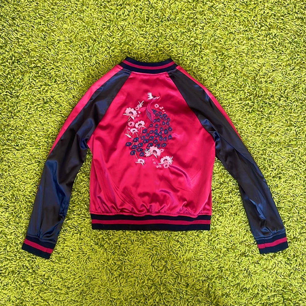 Silky Peacock Embroidered Graphic Bomber Varsity Jacket